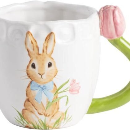 Mud Pie Stoneware Easter Bunny Mug with Figural Pink Tulip Handle