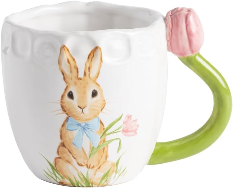 Mud Pie Stoneware Easter Bunny Mug with Figural Pink Tulip Handle