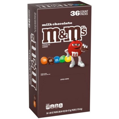 M&M'S Milk Chocolate Candy, Full Size 1.69 oz Bag, Pack of 36 Bulk Candy Chocolate
