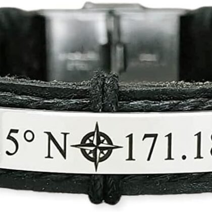 Latitude Longitude Bracelet for Men, Custom Coordinate, Silver Compass Engraved Location Cuff, Male Brown Leather, Gift for Him