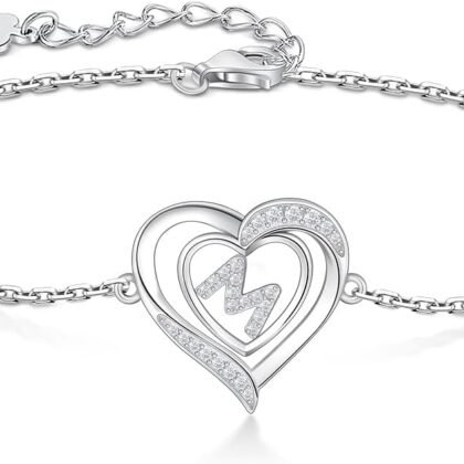 RIVIKO Heart Initial Bracelets for Women,925 Sterling Silver Letter Bracelets, Personalized Charm Alphabet Jewelry Valentines Christmas Mother’s Day Birthday Gifts for Women Friend Her Mom Wife Lady