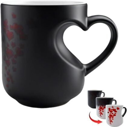 Heart-Shaped Color Changing Magic Ceramic Mug Funny Color Changing Coffee Cup with Handle That Reveals Surprise Design When Filled with Hot Beverage Romantic Gift for Couples(1pc)