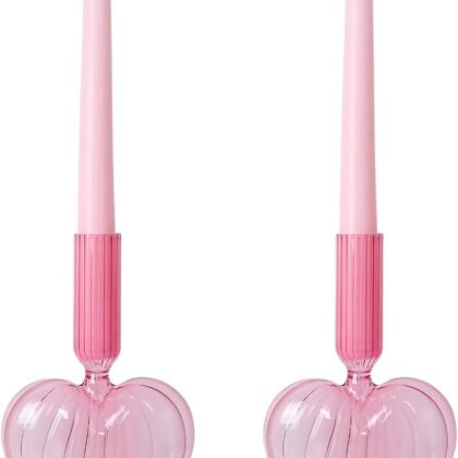 NEEDOMO Valentines Day Decorations, Set of 2 Pink Heart Glass Candlestick Holders for Valentines Decor, Taper Candle Holders Table Centerpieces for Romantic Wedding Party Mantel Decor