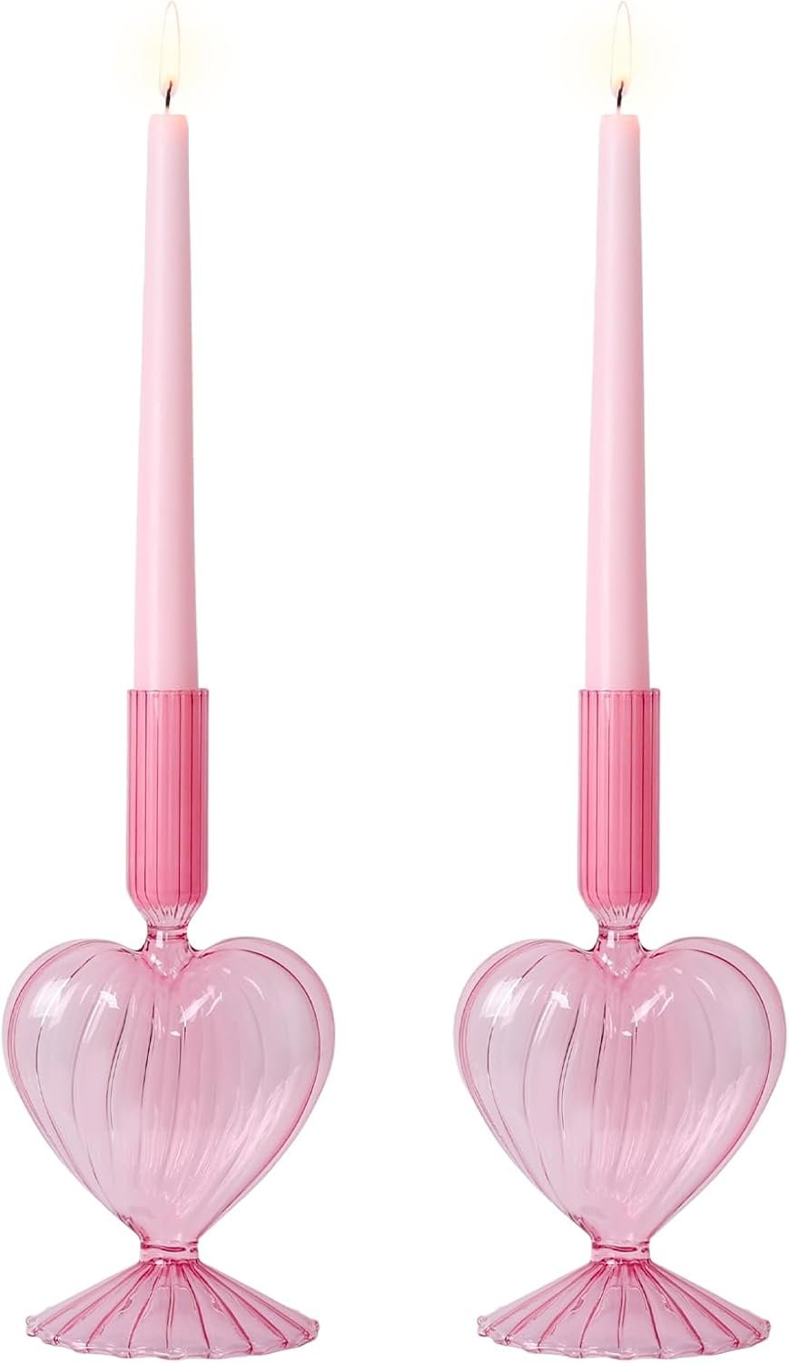 NEEDOMO Valentines Day Decorations, Set of 2 Pink Heart Glass Candlestick Holders for Valentines Decor, Taper Candle Holders Table Centerpieces for Romantic Wedding Party Mantel Decor