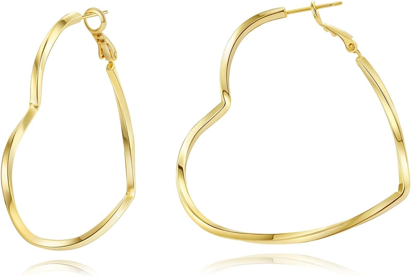 Trendy 14K Gold Plated Hoop Earrings for Women, Chunky Gold/Silver Earrings for Women Cubic Zirconia Baguette Hoop Earrings Heart Hoops Lightweight Hypoallergenic Jewelry,25mm/35mm/40mm/50mm