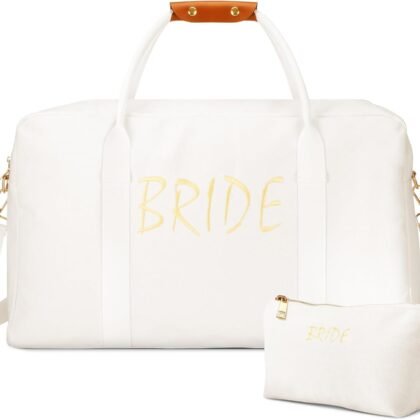 2 Pcs Bride Travel Bag Bridal Shower Gifts for Women Bridal Shower Weekender Bags Shoulder Duffle Bag for Wedding Engagement Honeymoon(White,9.06 x 3.94 x 3.94 Inches,Cotton Canvas)