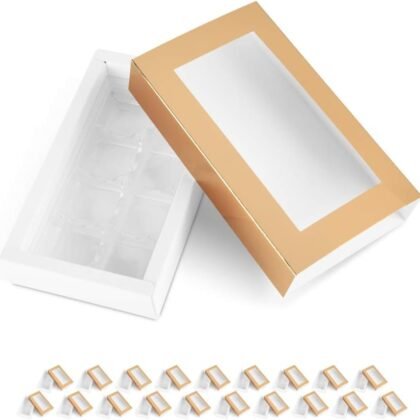 20 Truffle Box, Chocolate Gift Box Packaging, Candy Boxes with 8-Piece Plastics Tray (Tray Size with 5.75x2.75 Inches), Pull Out Packing with Clear Window Sleeves, Gold