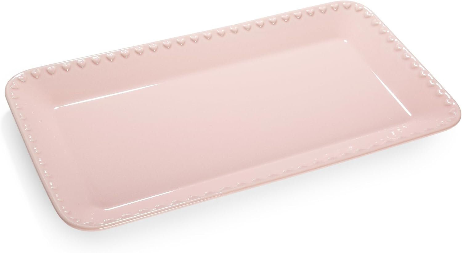 Paris Hilton Rectangle Ceramic Stoneware Serving Platter Tray, Embossed Hearts, Microwave Safe, 15x8-Inch, Pink