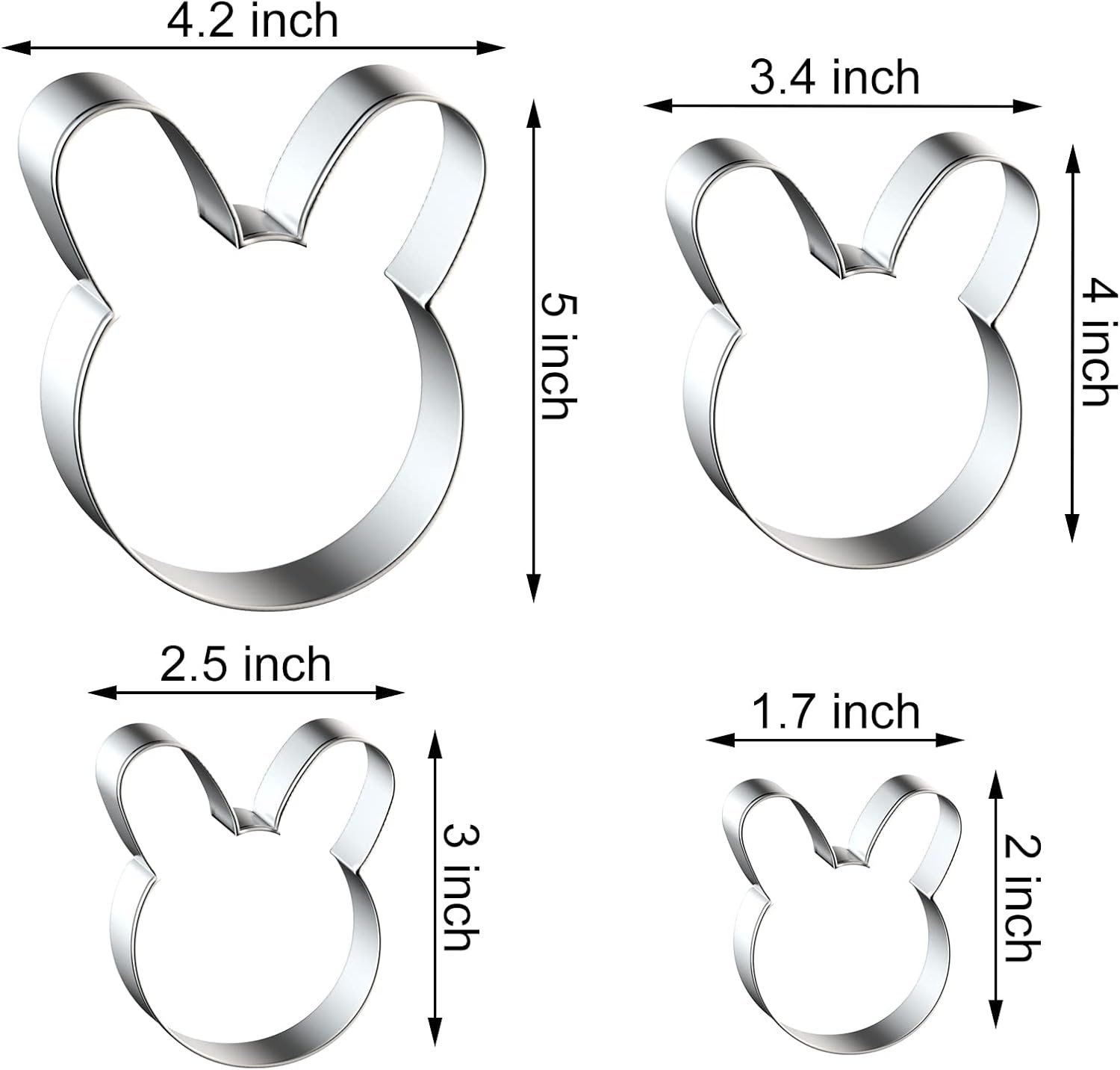 Bunny Cookie Cutter Set Large - 5", 4", 3", 2" - 4 Piece Easter Bunny Rabbit Hare Head Face Shaped Cookie Cutters - Stainless Steel - Image 2
