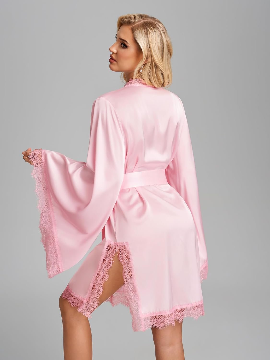 Womens Satin Robe Lace Trim High Side Slit Kimono Short Silky Bathrobe Sexy Sleepwear Eyelash Lace Trim Bell Sleeve - Image 4