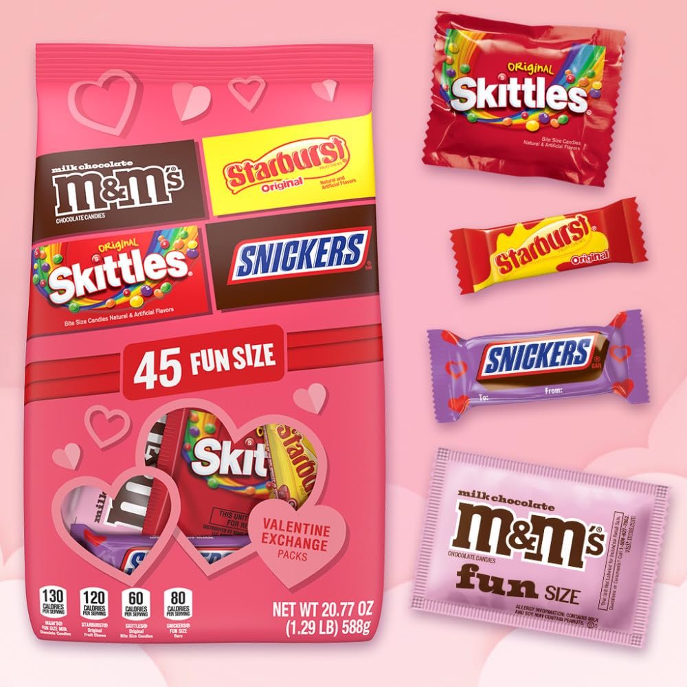 M&M’S, SNICKERS, SKITTLES & STARBURST Fun Size Variety Pack, Valentines Candy Bulk to Share, Hand out, 45 Count - Image 3