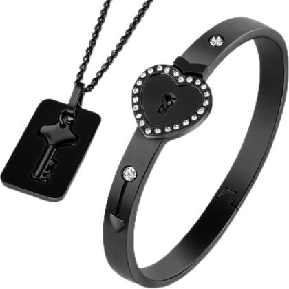 MIFXI Couples Matching His and Hers Gold Plated Heart Lock Key Pendant Bracelets Necklaces