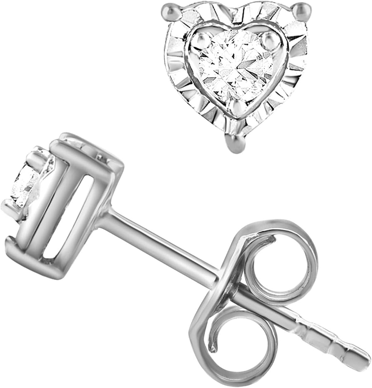 Belacqua Lab Grown Diamond Heart Stud Earrings in Sterling Silver or 14K Rose Gold Plated Silver, Round Cut, 1/10 Carat, I Color, I1 Clarity, Push Back, Dainty Jewelry for Women, Gift Box Included