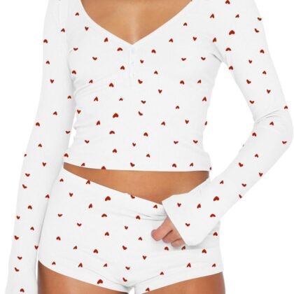 Ezbelle Lounge Set Women's V Neck Pajama Button Shirt Matching Two Piece Knit Long Sleeve Pjs Short Summer Outfits