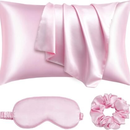 Satin Pillowcase for Hair and Skin, Vegan Silk Pillowcase Set-2 Pink Satin Pillowcases, 1 Eye Mask, 1 Scrunchie-Luxury Sleep Set, Silky Satin Pillow Cases Queen Size with Envelope Closure