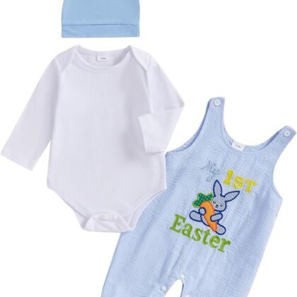 Newborn Easter Outfit Boy Long Sleeve Rompers Bunny Overalls Hat Baby Boy Summer Clothes 0 3 6 12 18 Months