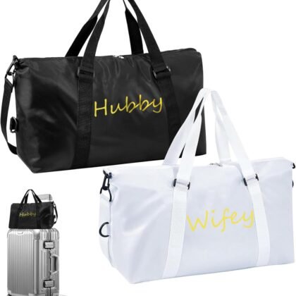 2 Pcs Wifey Hubby Duffle Bag Set White Black Wedding Travel Bags Waterproof Honeymoon Travel Bags Weekender Tote Bag For Women Men Couple Bridal Shower Honeymoon Party Organizer Supplies