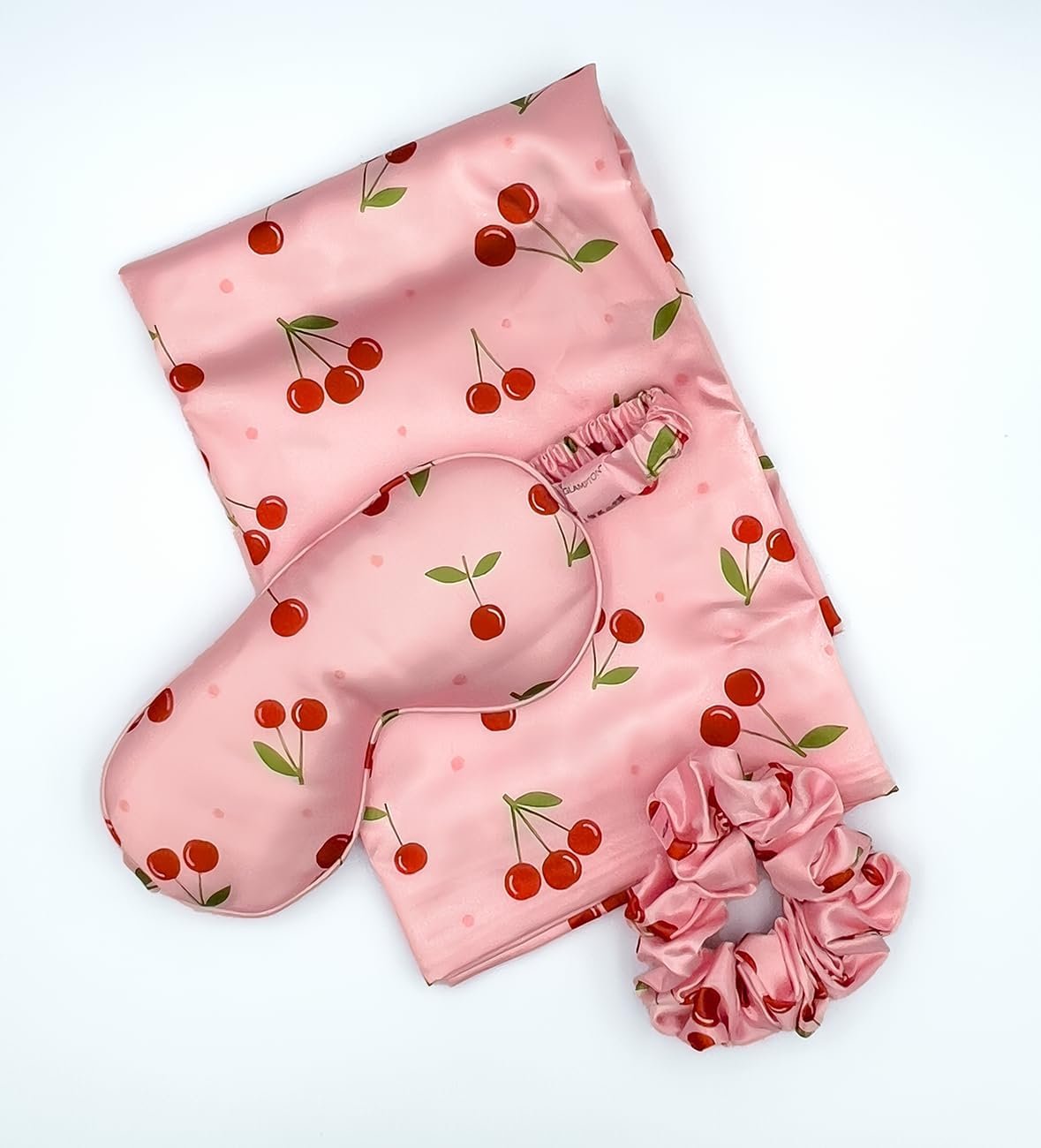 Slumber Satin Beauty Sleep Set, Cherry, 3-Piece Set with Pillowcase, Eye Mask, and Scrunchie - Image 4