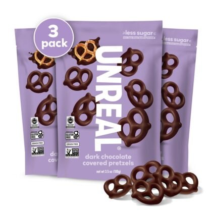 UNREAL Dark Chocolate Covered Pretzels, 7g Sugar, Chocolate Candy Treat Bag, Gluten Free, Fair Trade, Non-GMO, 3.5oz (Pack of 3)