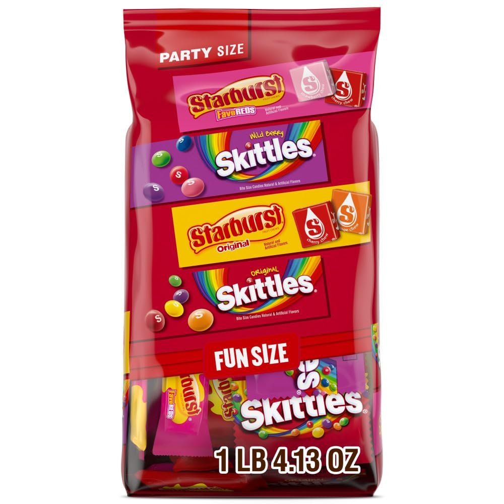 SKITTLES Original, SKITTLES Wild Berry & STARBURST Original and STARBURST FaveReds Fun Size Chewy Candy Variety Bag, Party Size, 20.13 Oz Bulk Bag