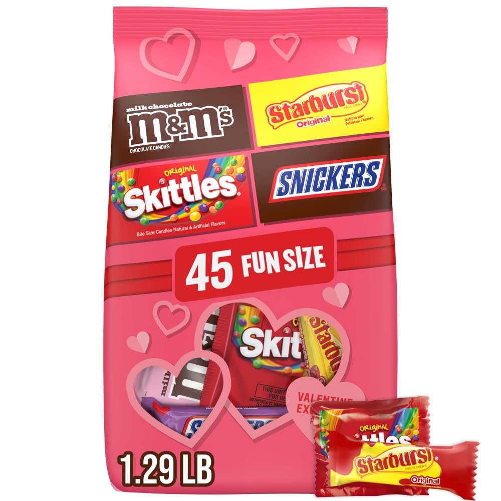 M&M’S, SNICKERS, SKITTLES & STARBURST Fun Size Variety Pack, Valentines Candy Bulk to Share, Hand out, 45 Count