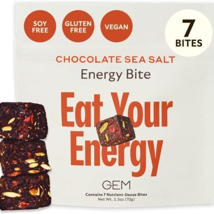 GEM Energy Caffeinated Chocolate Bite | Holistic Sustained Energy | Supports Metabolism, Stamina & Endurance | 40mg Caffeine, Ginseng Root, L-Theanine | Chocolate Cacao Sea Salt | 7 Servings