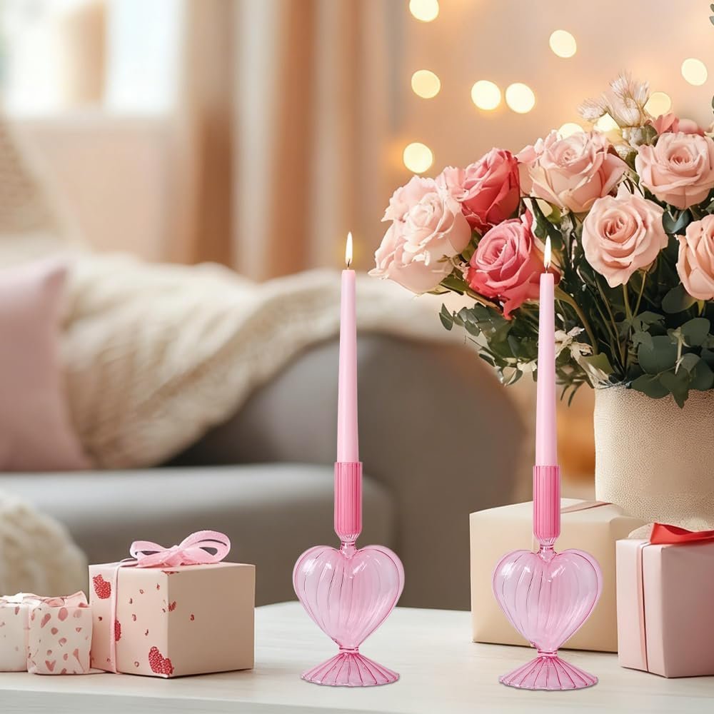 NEEDOMO Valentines Day Decorations, Set of 2 Pink Heart Glass Candlestick Holders for Valentines Decor, Taper Candle Holders Table Centerpieces for Romantic Wedding Party Mantel Decor - Image 8