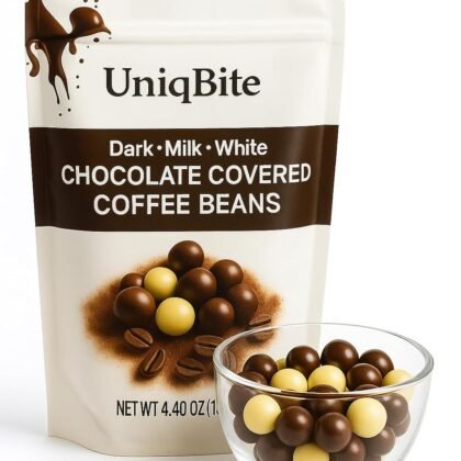 UNIQBITE Chocolate Covered Coffee Beans, 4.4 Oz, Mixed Chocolate Dragees with Whole Roasted Coffee, White-Dark-Milk Chocolates, Resealable Bag