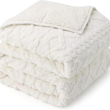 Drewin Weighted Blanket 15lbs Queen Size, Soft and Thick Jacquard Sherpa Heavy Blanket for Calming and Relax, Dual Sided Ultra Soft Fuzzy Throw Blanket with Ceramic Beads, 60 x 80 inches, Cream White