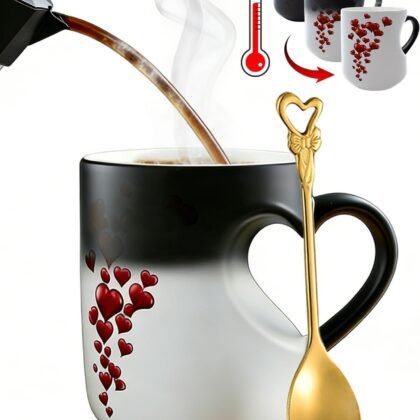 Heart-Shaped Color Changing Magic Ceramic Mug - 11oz Magic Heart Shape Changing Mugs with Dual-Side Heart Print, Romantic Heart Coffee Mug with Spoon, Romantic Surprise Gift (1PCS)