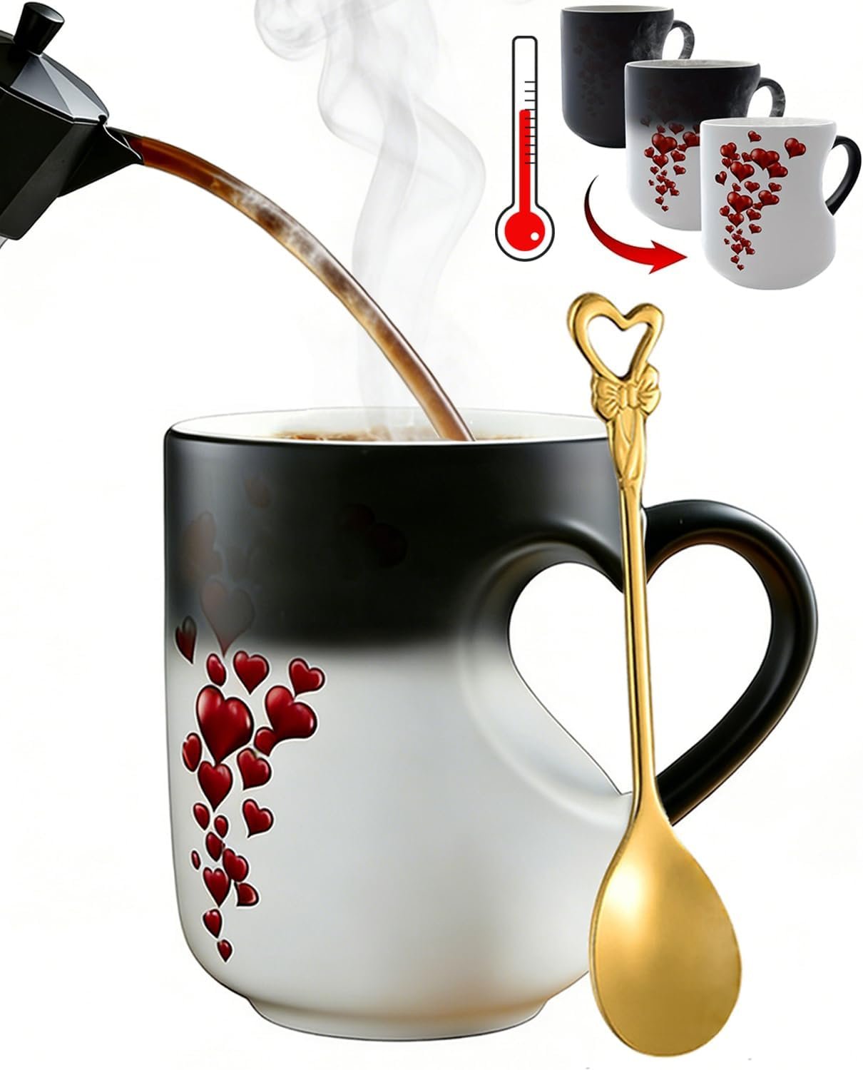 Heart-Shaped Color Changing Magic Ceramic Mug - 11oz Magic Heart Shape Changing Mugs with Dual-Side Heart Print, Romantic Heart Coffee Mug with Spoon, Romantic Surprise Gift (1PCS)