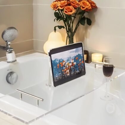 Acrylic Bathtub Tray Bathtub Tray Caddy Bath Tray Table for Tub Luxury Spa with Book and Wine Glass Holder Bathroom Accessories for Decorative Bathtubs, Transparent 31.5inch