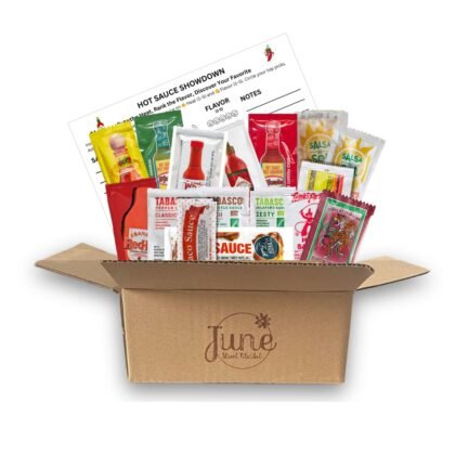 Hot Sauce Variety Pack Box 40 Single Serve Packets Up to 15 Brands Gift Box for Hot Sauce Lovers Travel Lunches Meal Prep by June Street Market