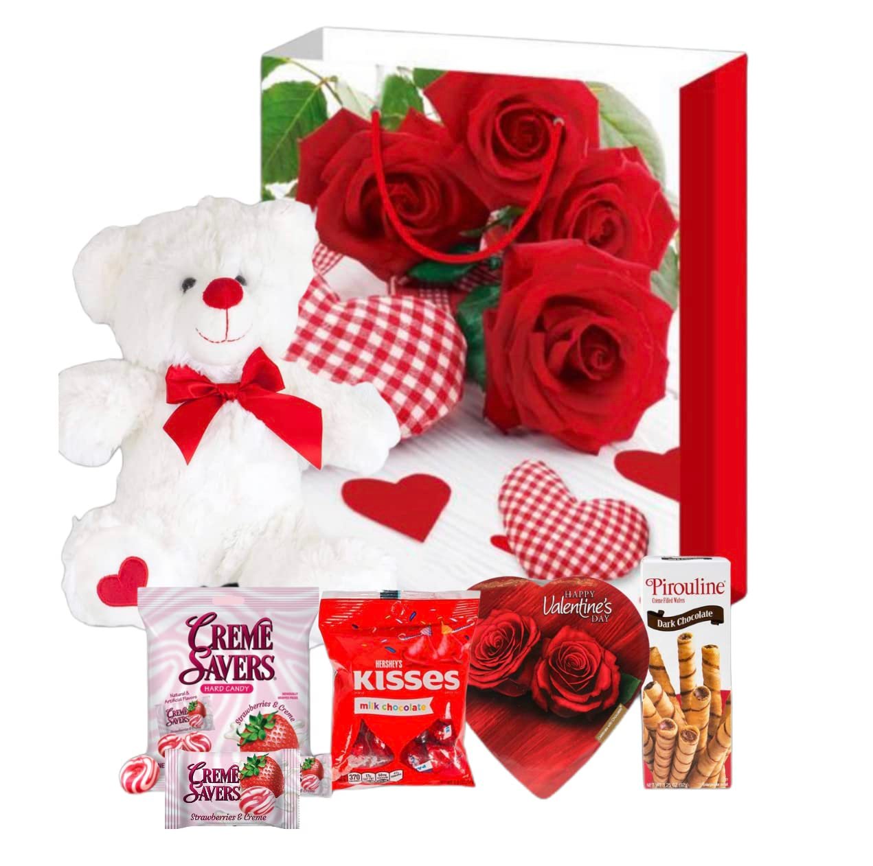 Valentines Day Gift Basket Set | Teddy Bear Plush (COLOR VARYS), Creme Savers Hard Candy, Individually Wrapped, Hershey Kisses Milk Chocolate, Heart Shape Elmer Chocolates Dark Chocolate or Hazelnut Pirouline Wafers, & Valentine Bag (Design Varies | - Image 3
