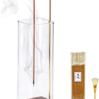 Ceremony Incense Holder, Wooden Incense Holder for Sticks with Glass Ash Catcher, Anti-ash Incense Burner with 20 Incense Sticks and a Ash Brush for Meditation Yoga Spa Room Decor