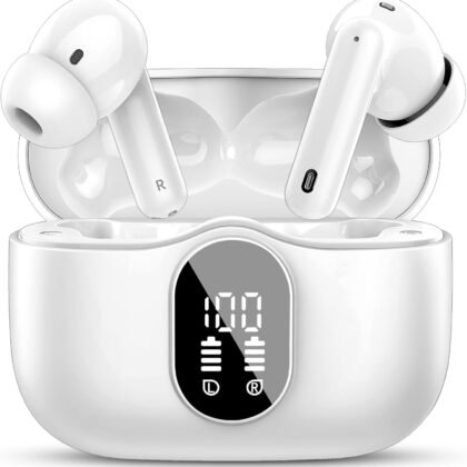 Wireless Earbuds, Bluetooth 5.4 Headphones Bass Stereo, Ear Buds with Noise Cancelling Mic, LED Display in Ear Earphones Clear Calls, IP7 Waterproof Bluetooth Earbuds for Phones/Sports/Laptop, White