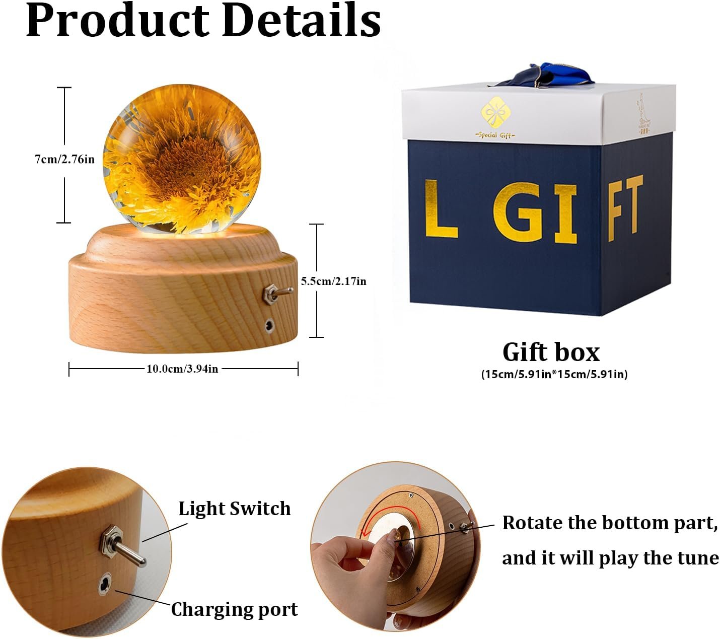 7cm Diameter Sunflowers wood Mechanism Music Box with Night Light You are my sunshine gift for Restaurant Bedroom Bar Coffee Shop Gifts for Women Mom Mother's Day Valentine's Day anniversary birthday - Image 2