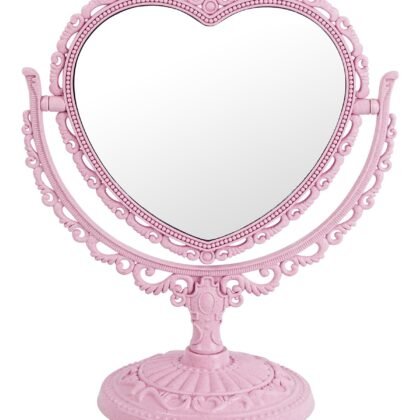 D&XQAUO Pink Heart Mirror for Desk Cute Coquette Room Decor Small with Stand,Vanity & Bathroom Double-Sided Rotating Makeup Table Mirror