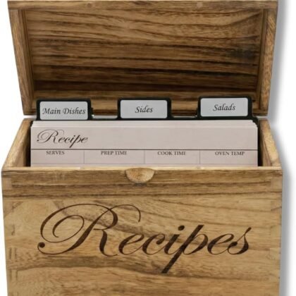 Wooden Recipe Box with Cards and Dividers - Large Rustic 4x6 Recipe Card Box, Wipe Clean Surface, Recipe Card Holder, 100 Double-Sided Cards, 20 Thick Dividers with Stickers, Charts, Complete Gift Set