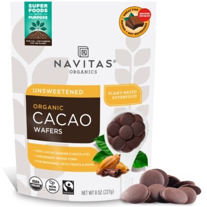 Navitas Organics Cacao Wafers – 100% Cocoa – Baking Chocolate For Hot Cocoa, Brownies, Cakes & More – Easy To Melt & Measure – USDA Organic, Fairtrade, Non GMO, Gluten Free (8oz. Bag, 17 Servings)