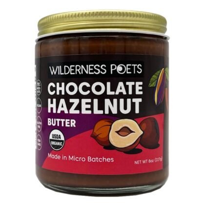 Wilderness Poets, Organic Chocolate Hazelnut Butter - (8 Ounce) - No Palm Oil - Simple Ingredients - 70% Hazelnuts, 30% Dark Chocolate Sweetened with Organic Coconut Sugar - Glass Jar
