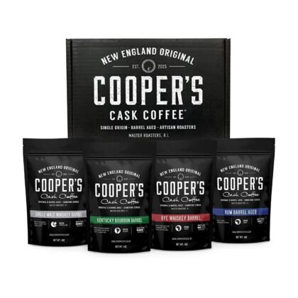 Bourbon & Whiskey Barrel Aged Coffee Box Set with Four Whole Bean Single Origin Coffees (Colombia, Sumatra, Ethiopia, Rwanda) Premium Small-Batch Gourmet Roasted Coffee Gift (Pack or 4)