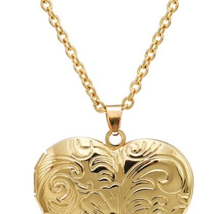 Vintage Engraved Flower Empaistic Photo Locket Hold Picture Oval Round Pendant Necklace Antique Carved Pattern Souvenir Memorial Clavicle Jewelry for Women