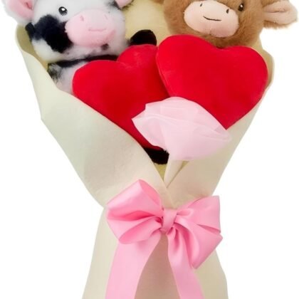 Highland Cow Valentines Plush Bouquet, Set of 2 Adorable Stuffed Animals with Hearts, Pink Bow Wrap, for Anniversary, Weddings, Valentines Day Gifts, Holiday Party Decor