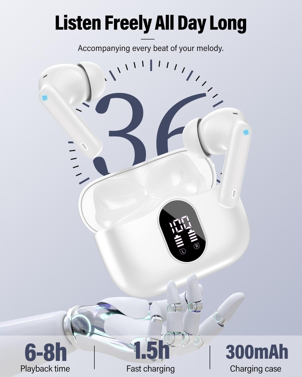 Wireless Earbuds, Bluetooth 5.4 Headphones Bass Stereo, Ear Buds with Noise Cancelling Mic, LED Display in Ear Earphones Clear Calls, IP7 Waterproof Bluetooth Earbuds for Phones/Sports/Laptop, White - Image 5