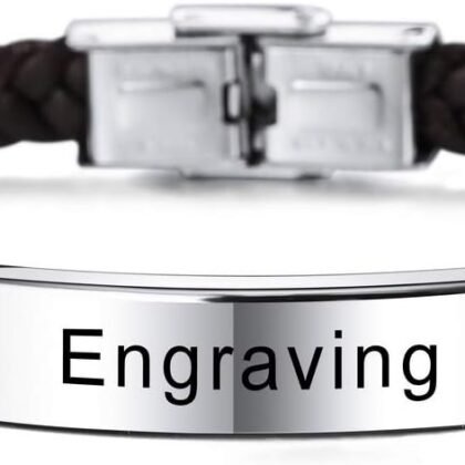 MeMeDIY Personalized Leather Bracelet Customized Engraving Name Date ID for Men Women Best Friend Stainless Steel Adjustable Braided Cuff Love Anniversary Jewelry Gift