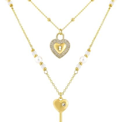 Layered Gold Necklace for Women 14K Gold Plated Lock Key Love Heart Cherry Bow Butterfly Flower Pendant Necklace Pearl Cute Glass Beads Bowknot Ribbon Choker Necklaces Adjustable Trendy Jewelry Gift