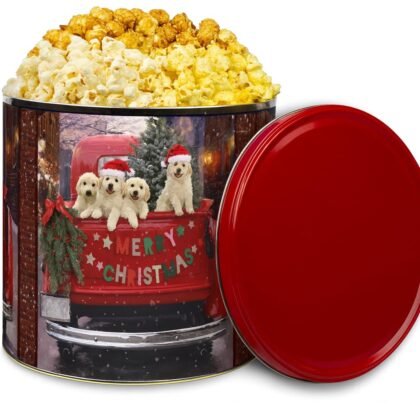 GiftPop Popcorn Tin - Caramel, White Cheddar, Butter, Popcorn tin with Puppies, Gift Giving - 21 oz (3 Gallon Tin Size)