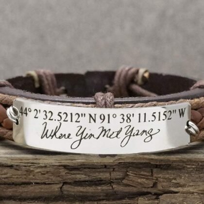 Personalized Handwriting Bracelet, Memorial Signature, Custom Coordinates, Location Engraved, Leather Cuff