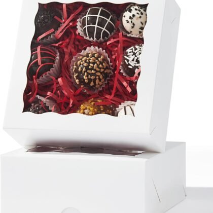 RomanticBaking 20PCS 6x6x2.5 Inches Elegant Bakery Boxes with Window,Ideal for Cookies,Chocolate Covered Strawberries, Cakes, Macarons, Truffles,and More,Easy to Assemble, Transparent Window,